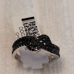 JTV Round Black Spinel Rhodium Over Sterling Silver Crossover Band Ring - New Sz